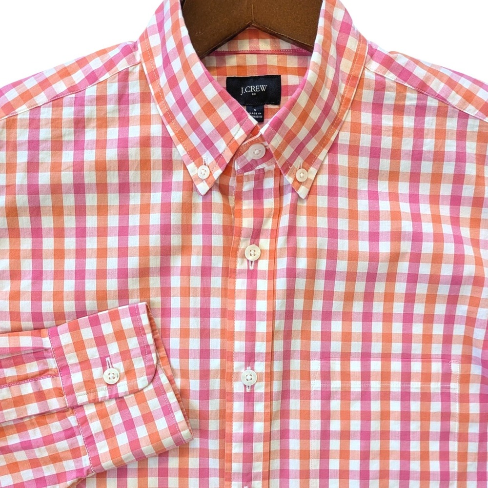 J.Crew Mens Gingham Button Down Shirt Orange Pink White Cotton Small S Preppy